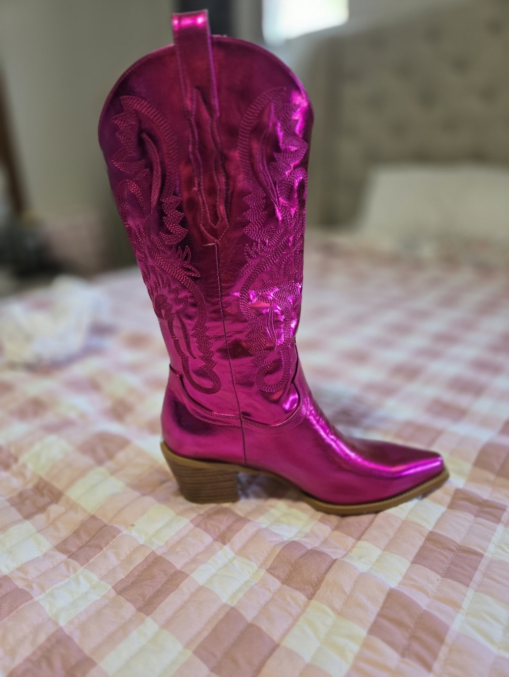 Metallic Pink Western Cowboy Boots - Women's Fashion Boots - Picture 3 of 5